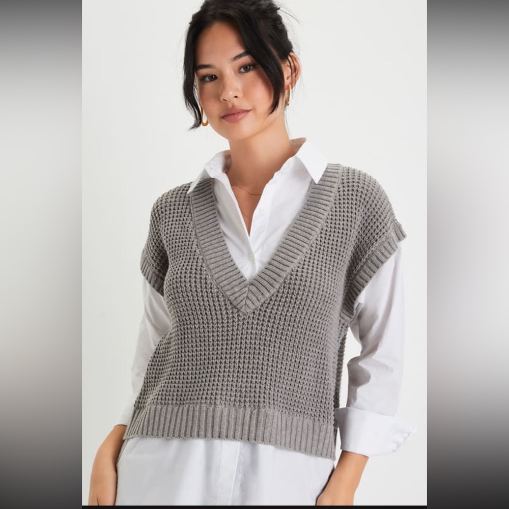 Lulus White Button Up and Gray Sweater Vest Top